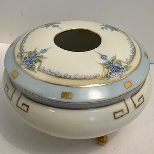 Vintage Porcelain Hair Receiver, Vanity Jar Trinket Hand Painted Floral Austrian